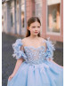 Feather Sleeves Light Blue High Low Flower Girl Dress